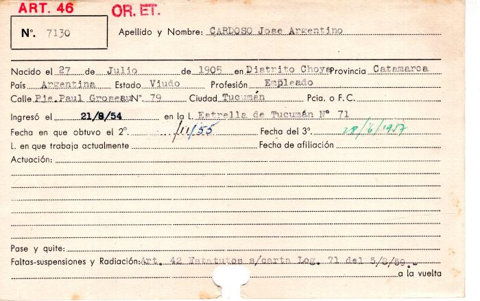 Ficha de miembro de José Argentino Cardoso.