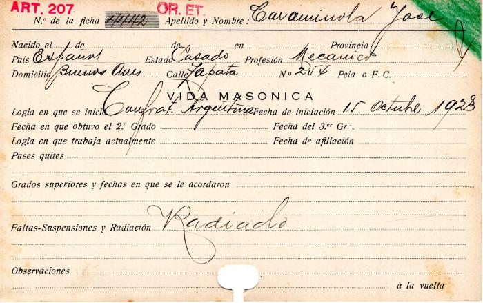 Ficha de miembro de José Caraminola.