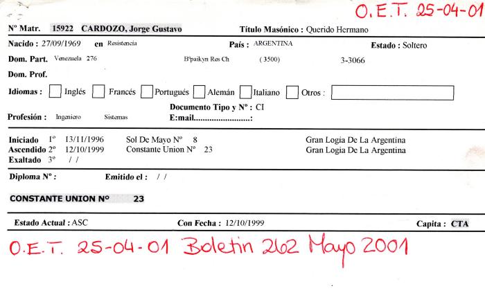 Ficha de miembro de Jorge Gustavo Cardozo.