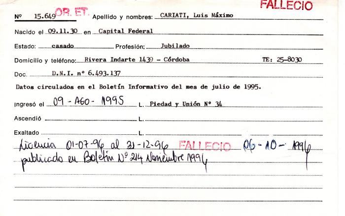 Ficha de miembro de Luis Máximo Cariati.