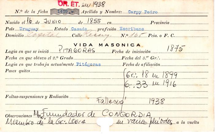 Ficha de miembro de Pedro Carpy.