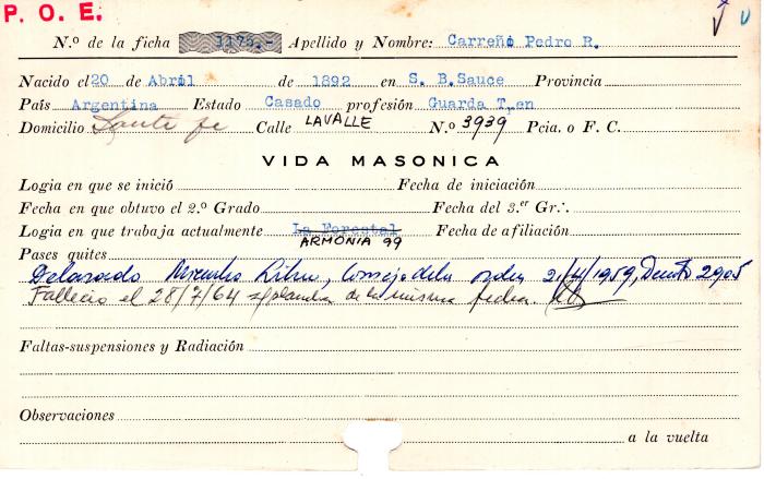 Ficha de miembro de Pedro R. Carreño.