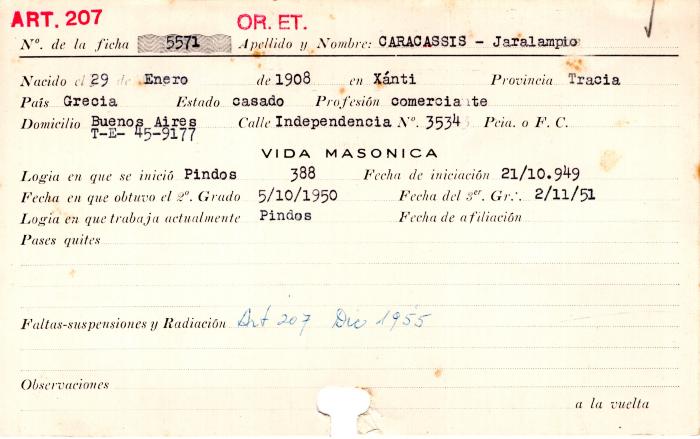 Ficha de miembro de Jaralampio Caracassis.