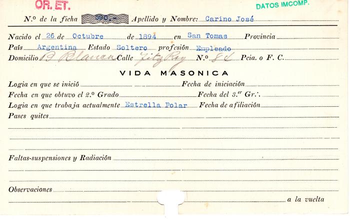 Ficha de miembro de José Carino.