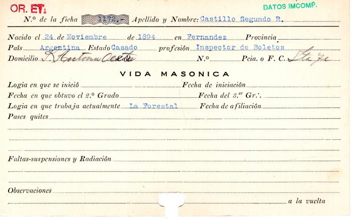 Ficha de miembro de Segundo R. Castillo.