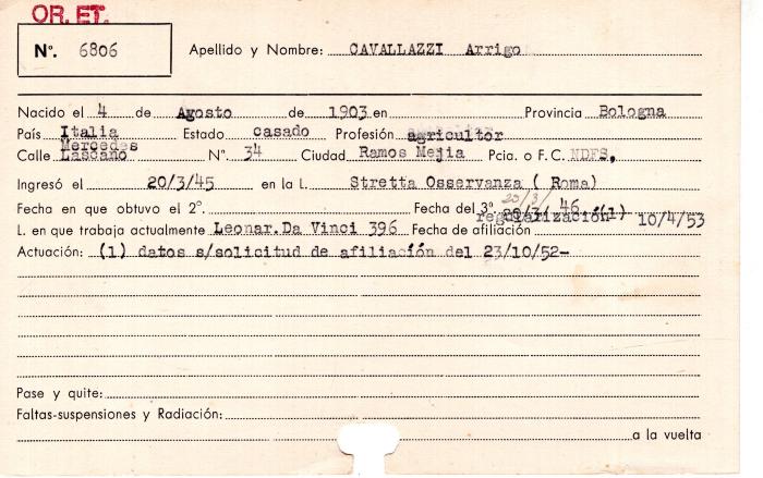 Ficha de miembro de Arrigo Cavallazzi.