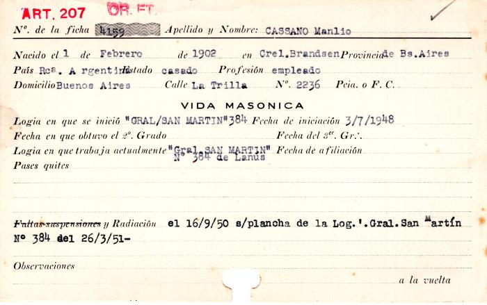 Ficha de miembro de Manlio Cassano.