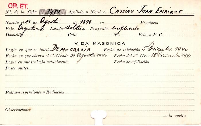 Ficha de miembro de Juan Enrique Cassiau.