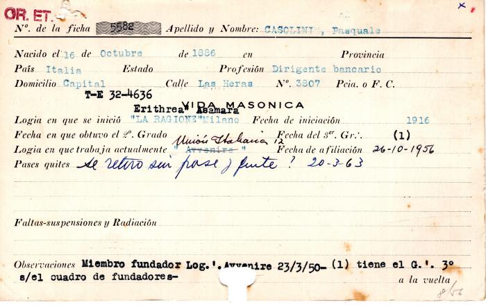 Ficha de miembro de Pasquale Casolini.