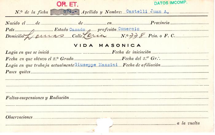 Ficha de miembro de Juan A. Castelli.