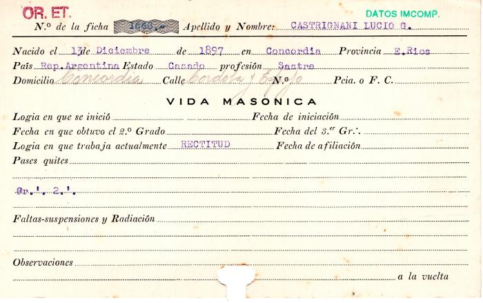 Ficha de miembro de Lucio G. Castrignani.