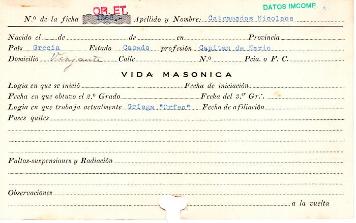 Ficha de miembro de Nicolaos Catramados.