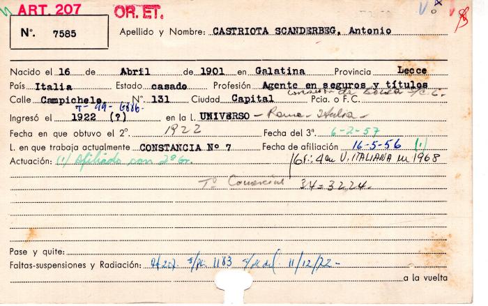 Ficha de miembro de Antonio Castriota Scanderbeg.