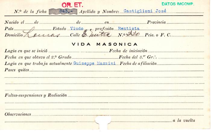 Ficha de miembro de José Castiglioni.