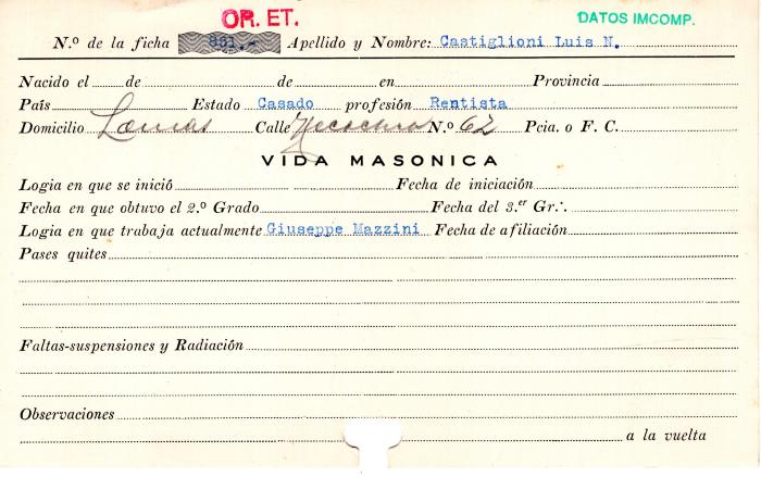 Ficha de miembro de Luis N. Castiglioni.
