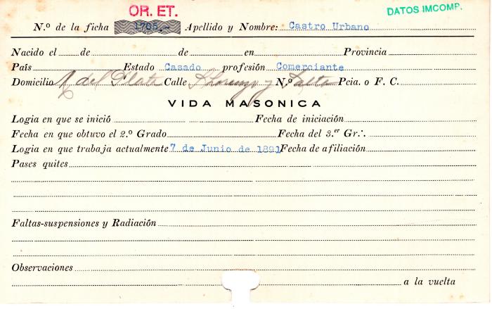 Ficha de miembro de Urbano Castro.