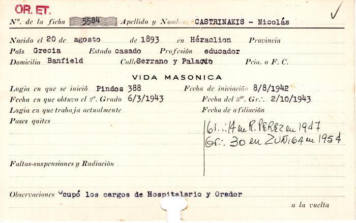 Ficha de miembro de Nicolás Castrinakis.