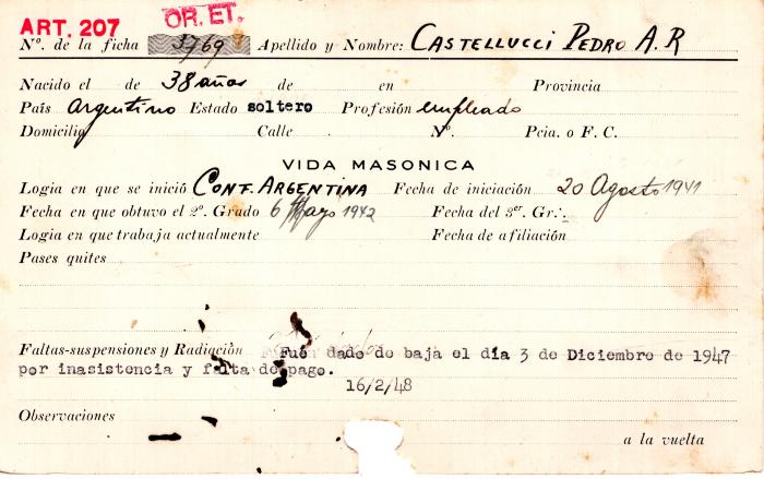 Ficha de miembro de Pedro A. R. Castellucci.