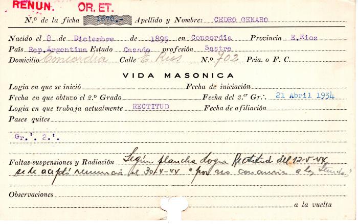 Ficha de miembro de Genaro Cedro.