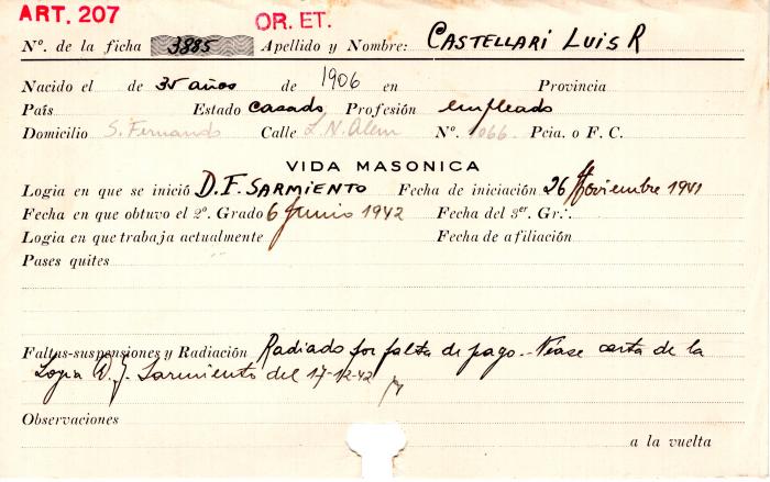 Ficha de miembro de Luis R. Castellari.