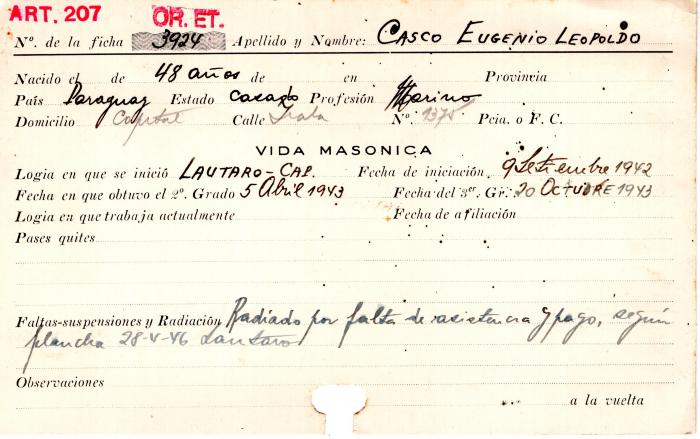 Ficha de miembro de Eugenio Leopoldo Casco.
