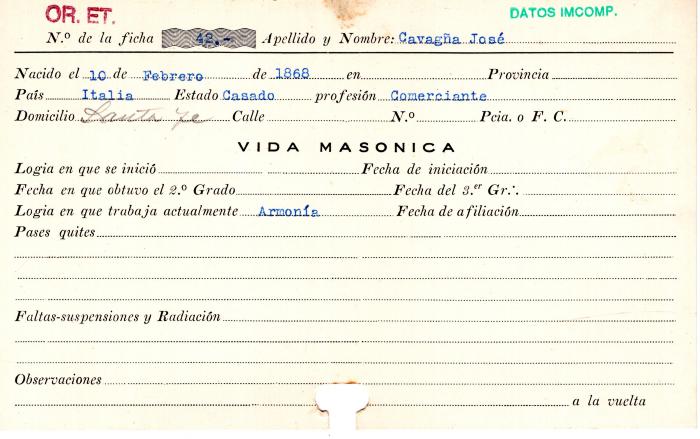 Ficha de miembro de José Cavagña.