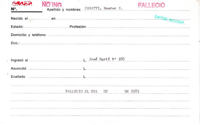 Ficha de miembro de Nestor J. Casatti.