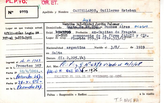 Ficha de miembro de Guillermo Esteban Castellanos.