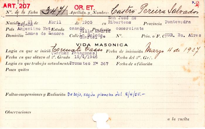 Ficha de miembro de Salvador Castro Pereira.