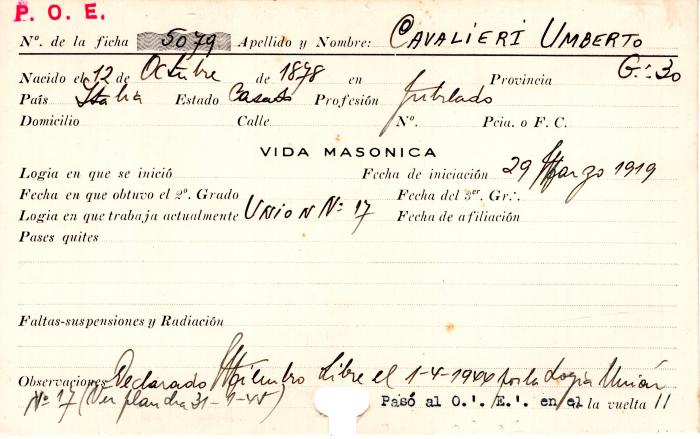 Ficha de miembro de Umberto Cavalieri.