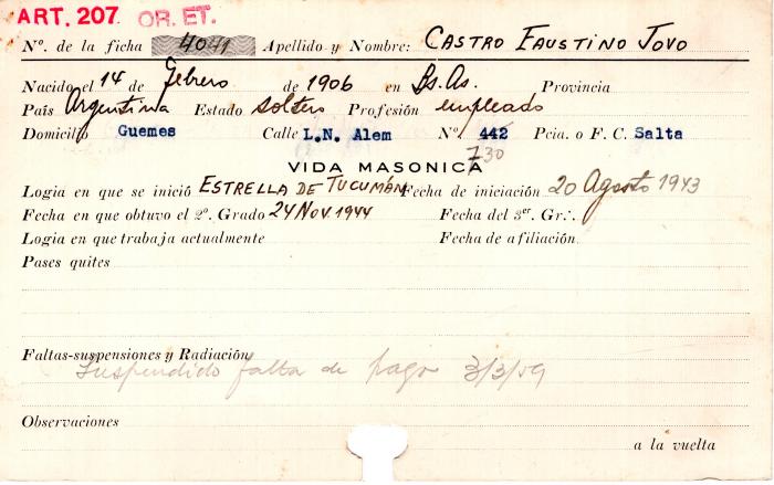 Ficha de miembro de Faustino Jovo Castro.