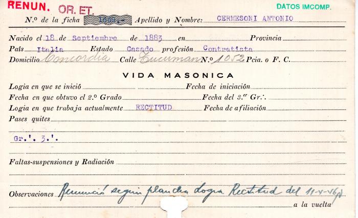 Ficha de miembro de Antonio Cermesoni.