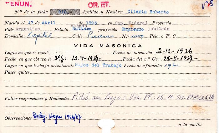 Ficha de miembro de Roberto Citerio.