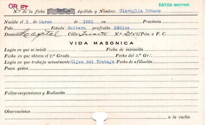 Ficha de miembro de Urbano Ciavaglia.