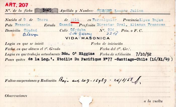 Ficha de miembro de Leonce Julián Clement.