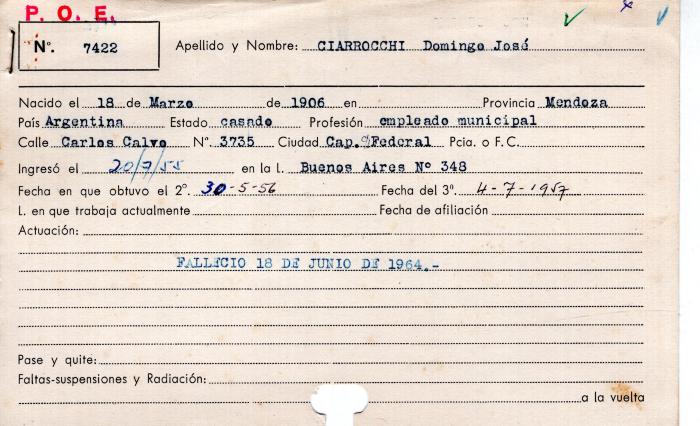Ficha de miembro de Domingo José Ciarrocchi.