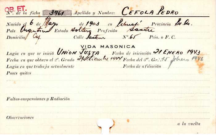 Ficha de miembro de Pedro Cefola.