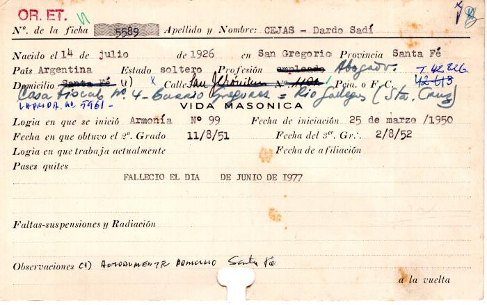Ficha de miembro de Dardo Sadí Cejas.