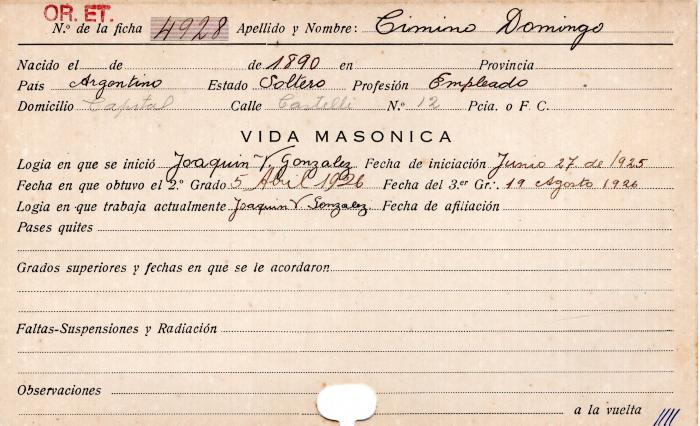 Ficha de miembro de Domingo Cimino.