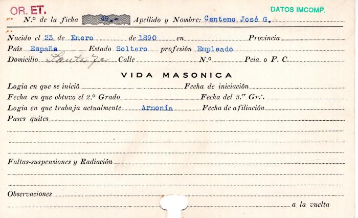 Ficha de miembro de José G. Centeno.