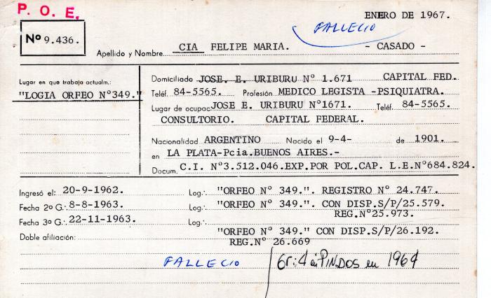 Ficha de miembro de Felipe María Cia.