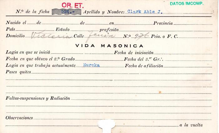 Ficha de miembro de Able J. Clark.