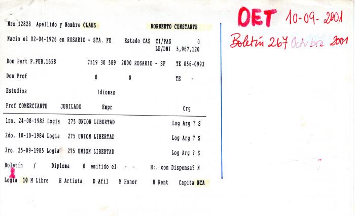Ficha de miembro de Norberto Constante Claes.