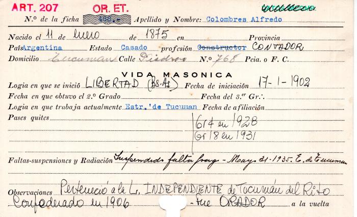 Ficha de miembro de Alfredo Colombres.