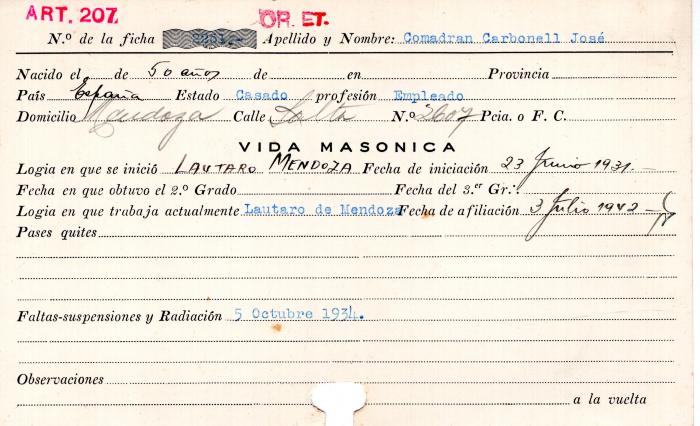 Ficha de miembro de José Comadran Carbonell.