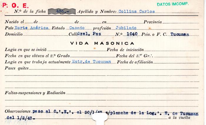 Ficha de miembro de Carlos Collins.