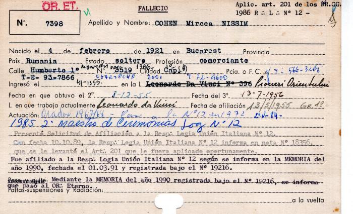 Ficha de miembro de Mircea Nissim Cohen.