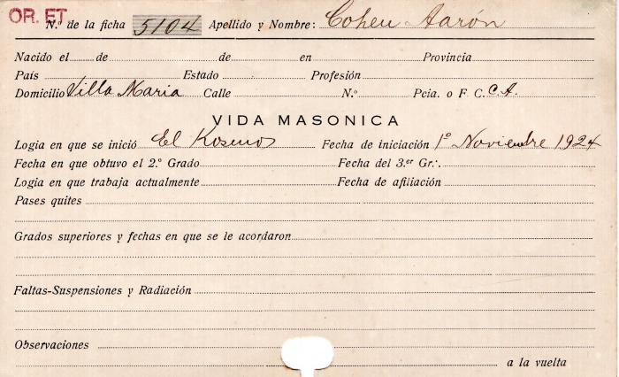 Ficha de miembro de Aarón Cohen.