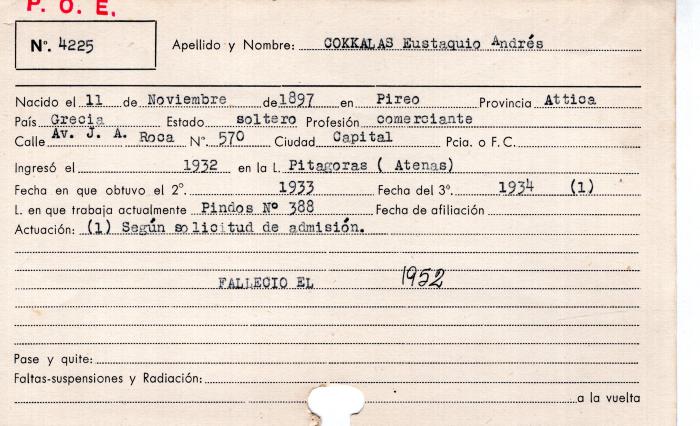 Ficha de miembro de Eustaqui Andrés Cokkalas.