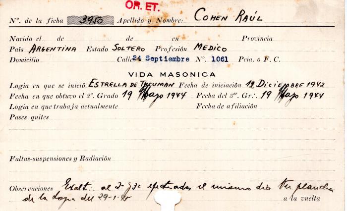 Ficha de miembro de Raúl Cohen.
